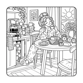 Black-and-white coloring illustration. A smiling woman has coffee at a breakfast table beside an overflowing coffee maker, piles of cups and three alarm clocks.